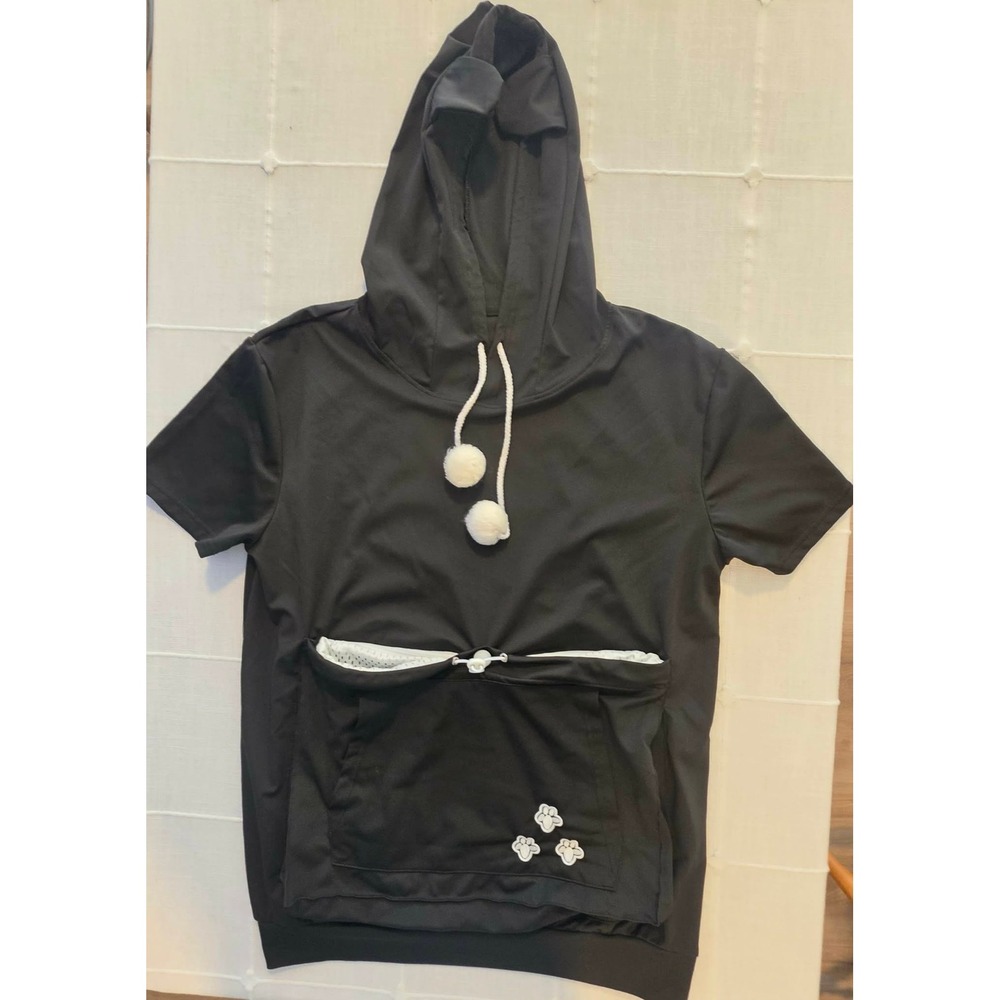Cat Carrier Pouch Hoodie Short Sleeve Black Pet Holder Sweatshirt with Ears